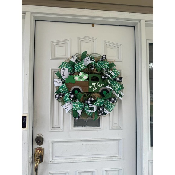 Saint Patrick’s Day Truck Farmhouse Mesh & Ribbon Wreath Door Hanger - Picture 7 of 7
